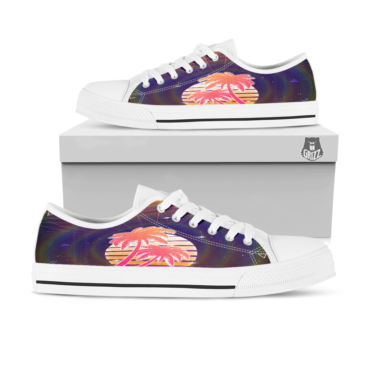 Retro Futuristic Palms Summer Time Print White Low Top Shoes-grizzshop