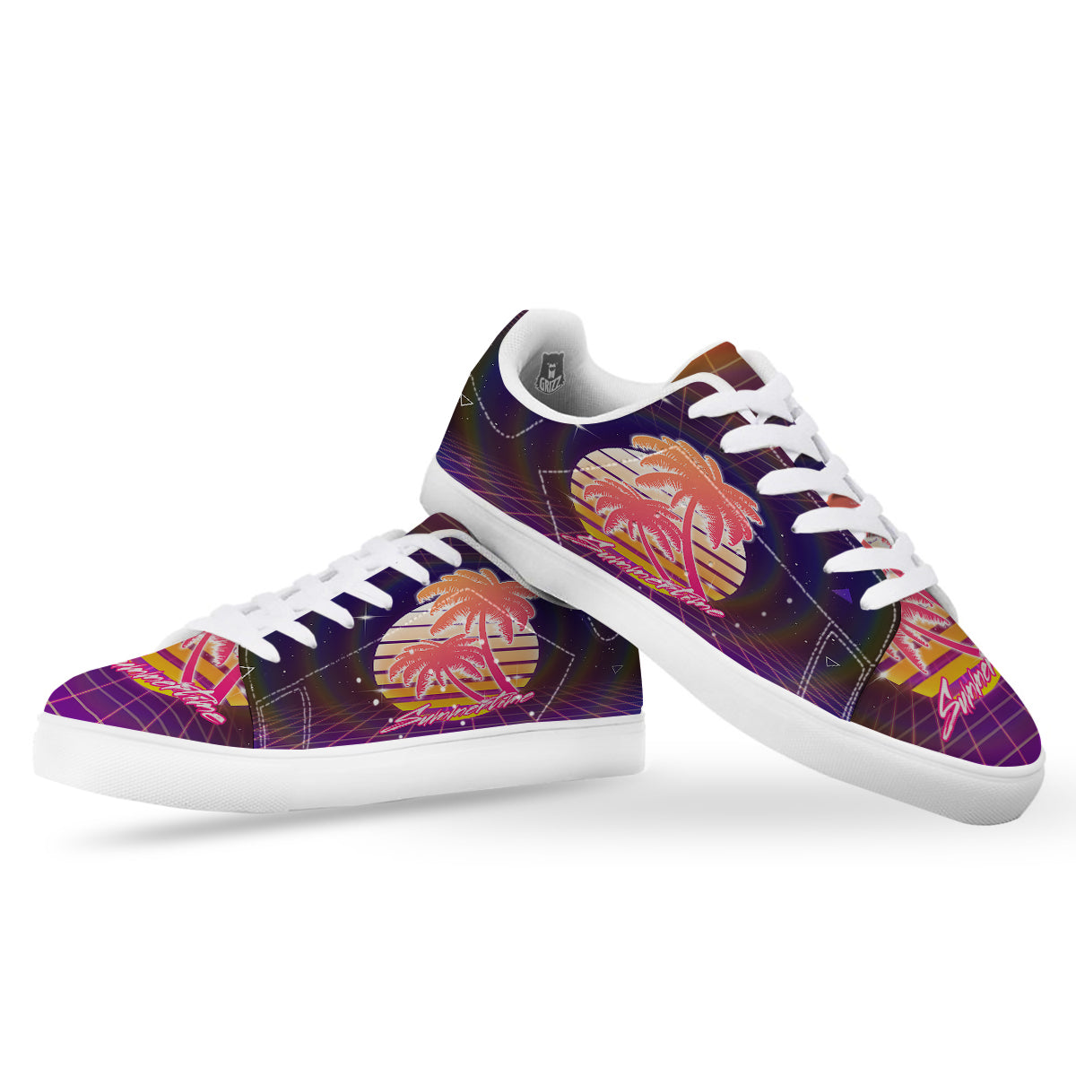 Retro Futuristic Palms Summer Time Print White Low Top Sneakers-grizzshop