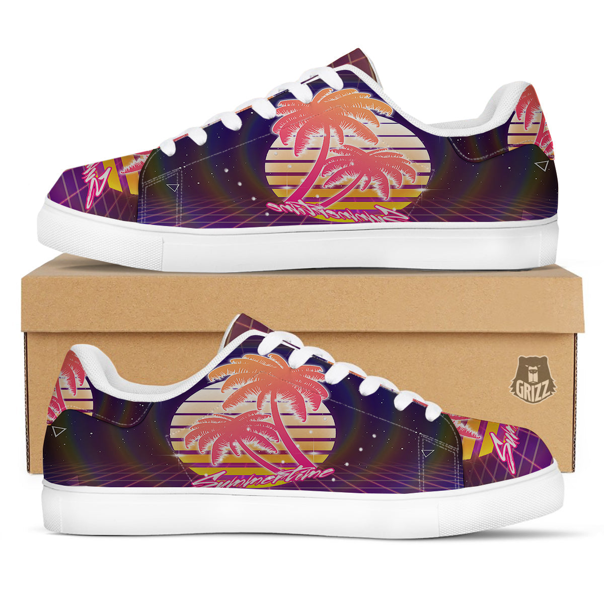 Retro Futuristic Palms Summer Time Print White Low Top Sneakers-grizzshop