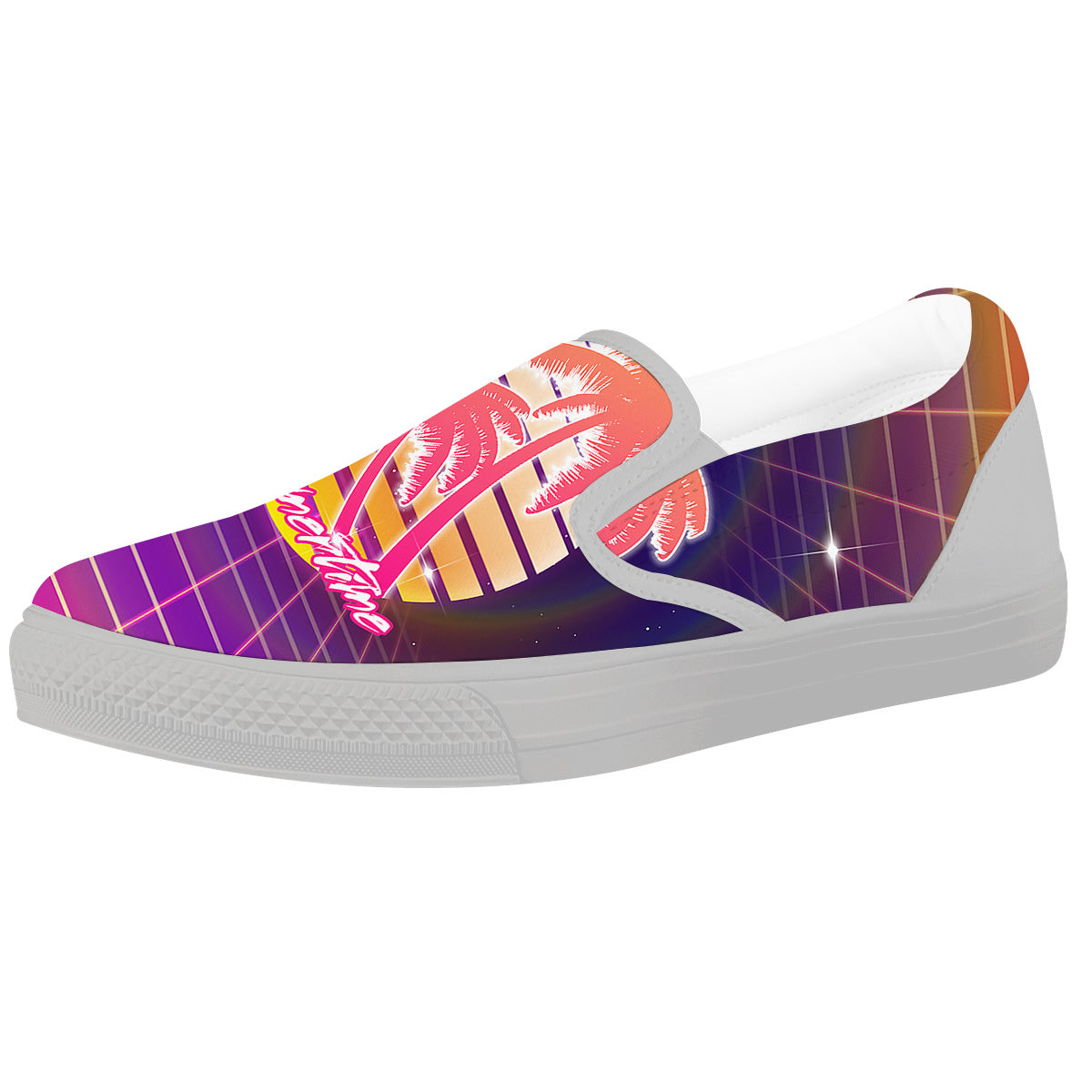 Retro Futuristic Palms Summer Time Print White Slip On Shoes-grizzshop