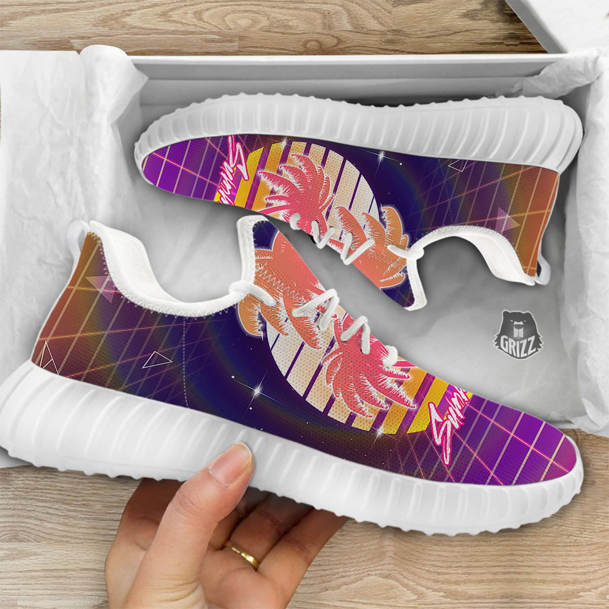 Retro Futuristic Palms Summer Time Print White Walking Shoes-grizzshop