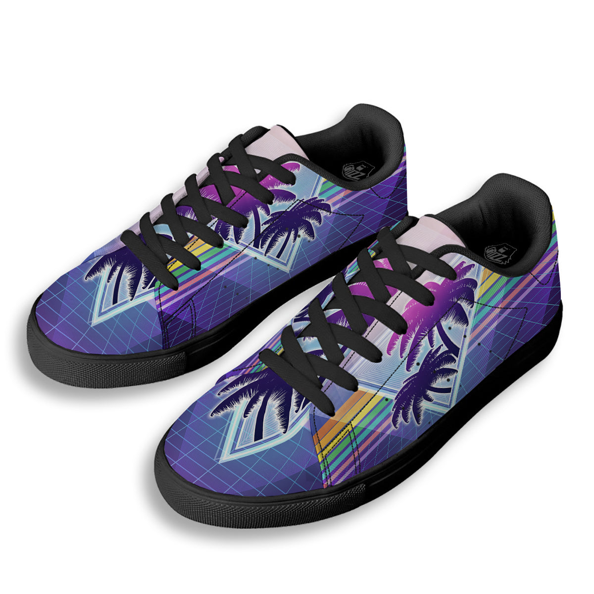 Retro Futuristic Palms Tree Print Black Low Top Sneakers-grizzshop