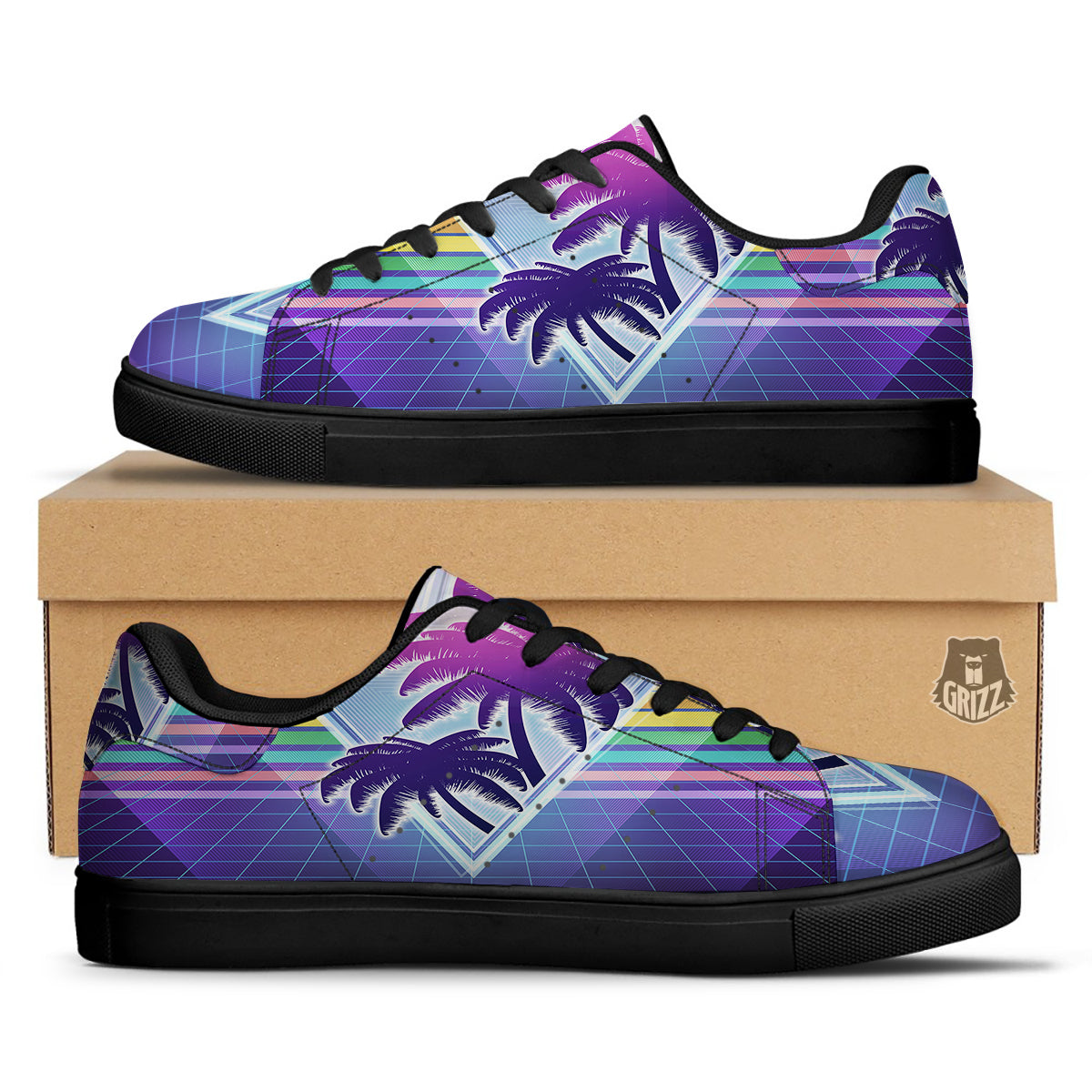 Retro Futuristic Palms Tree Print Black Low Top Sneakers-grizzshop
