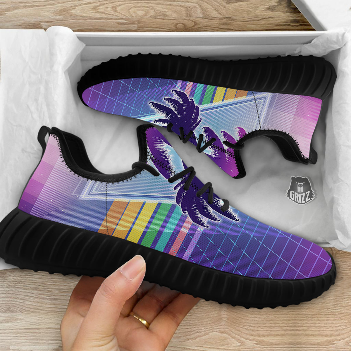 Retro Futuristic Palms Tree Print Black Walking Shoes-grizzshop