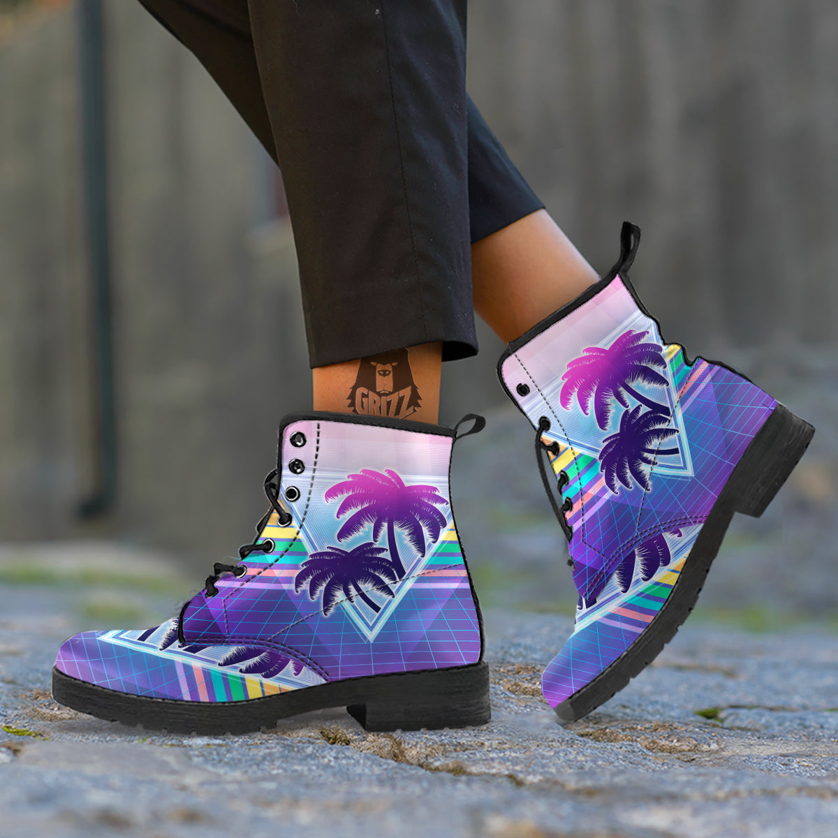Retro Futuristic Palms Tree Print Leather Boots-grizzshop