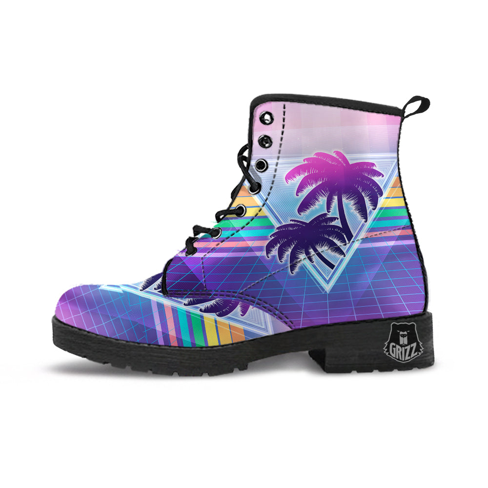 Retro Futuristic Palms Tree Print Leather Boots-grizzshop