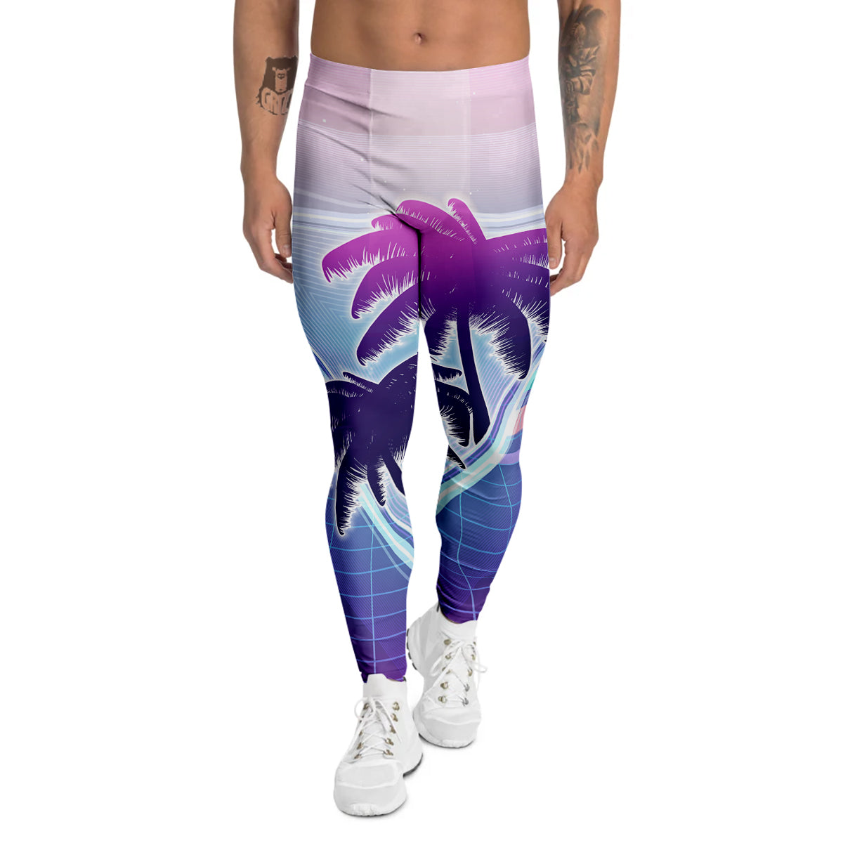 Retro Futuristic Palms Tree Print Men's Leggings-grizzshop