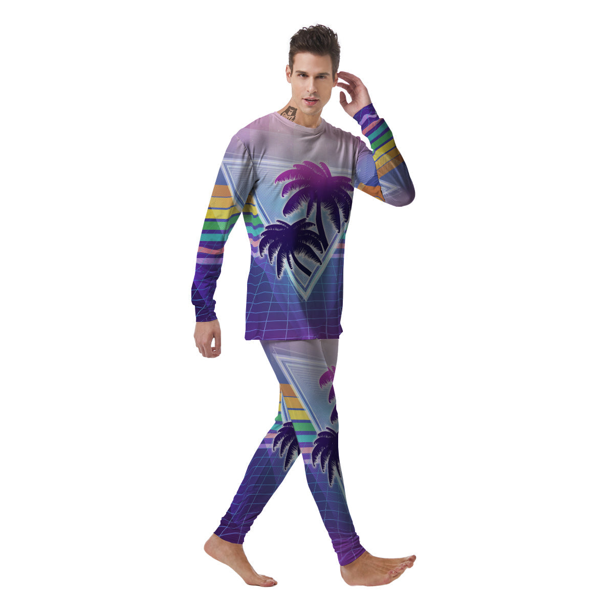 Retro Futuristic Palms Tree Print Men's Pajamas-grizzshop