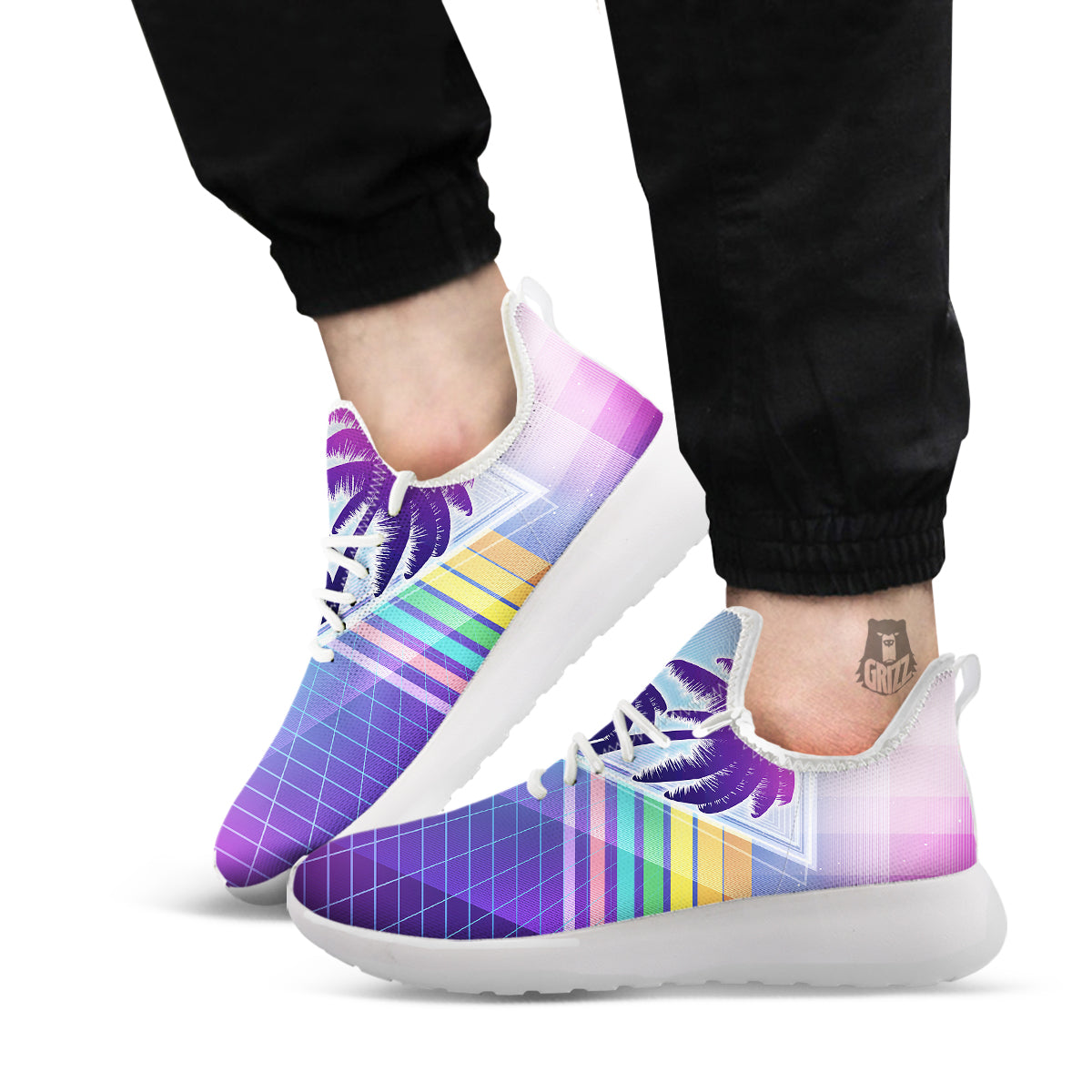 Retro Futuristic Palms Tree Print White Athletic Shoes-grizzshop