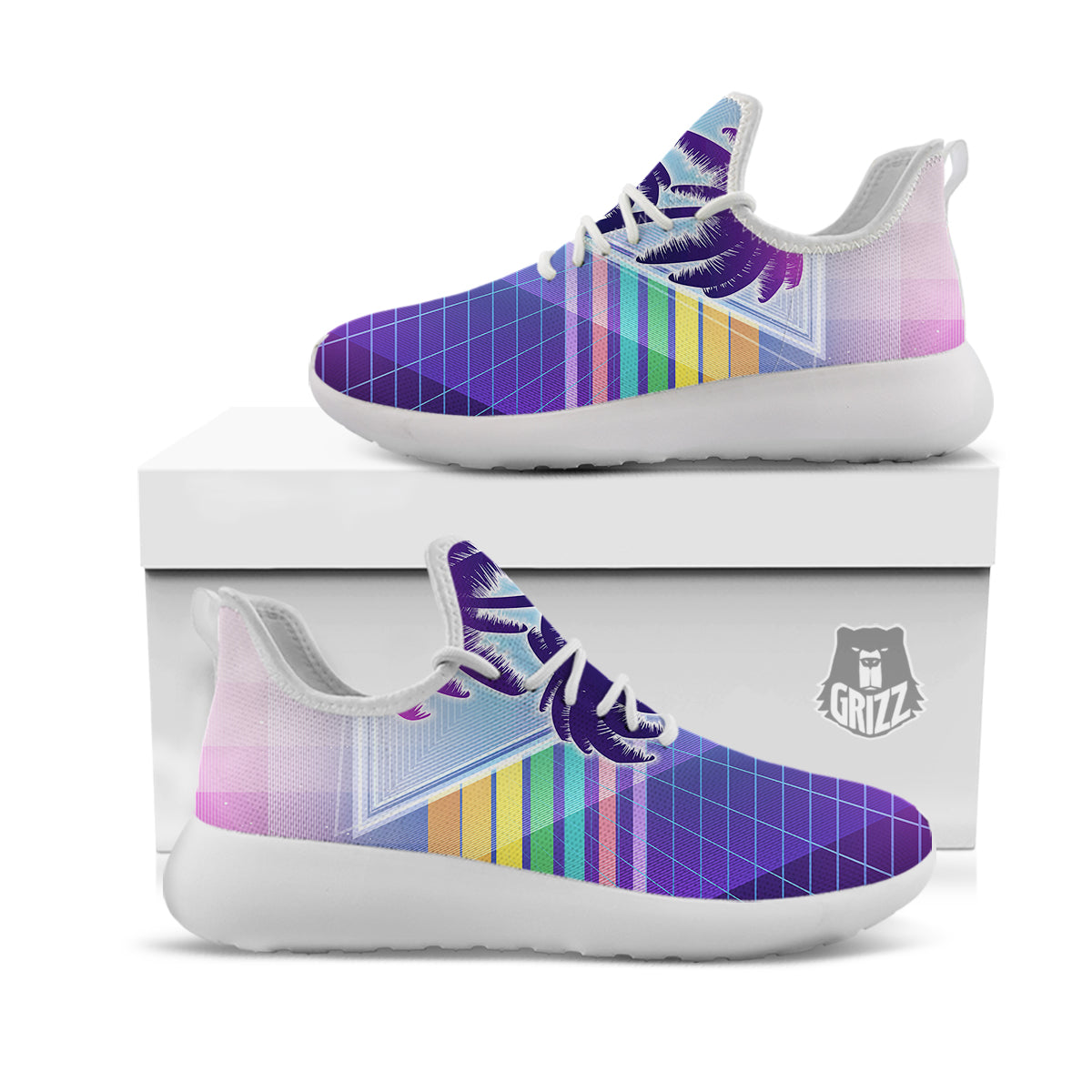 Retro Futuristic Palms Tree Print White Athletic Shoes-grizzshop