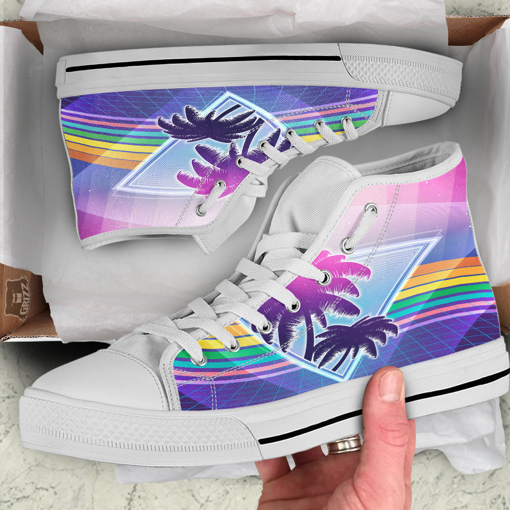 Retro Futuristic Palms Tree Print White High Top Shoes-grizzshop