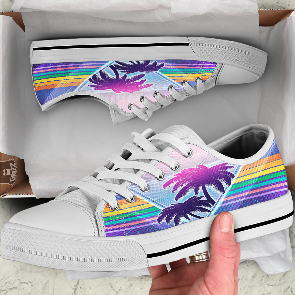 Retro Futuristic Palms Tree Print White Low Top Shoes-grizzshop