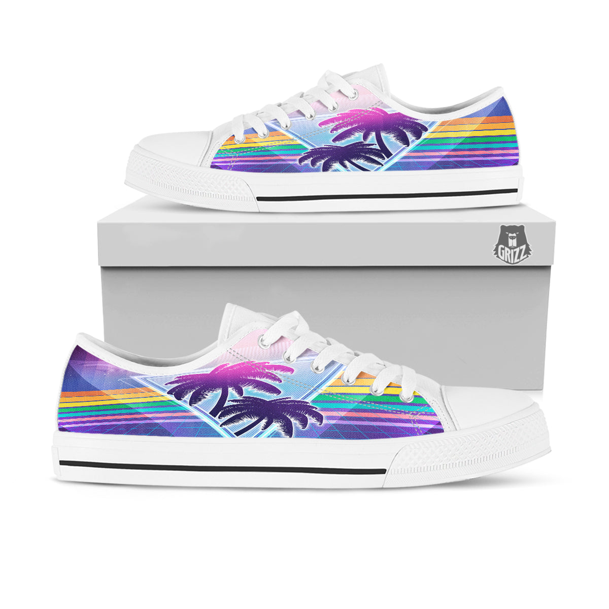 Retro Futuristic Palms Tree Print White Low Top Shoes-grizzshop