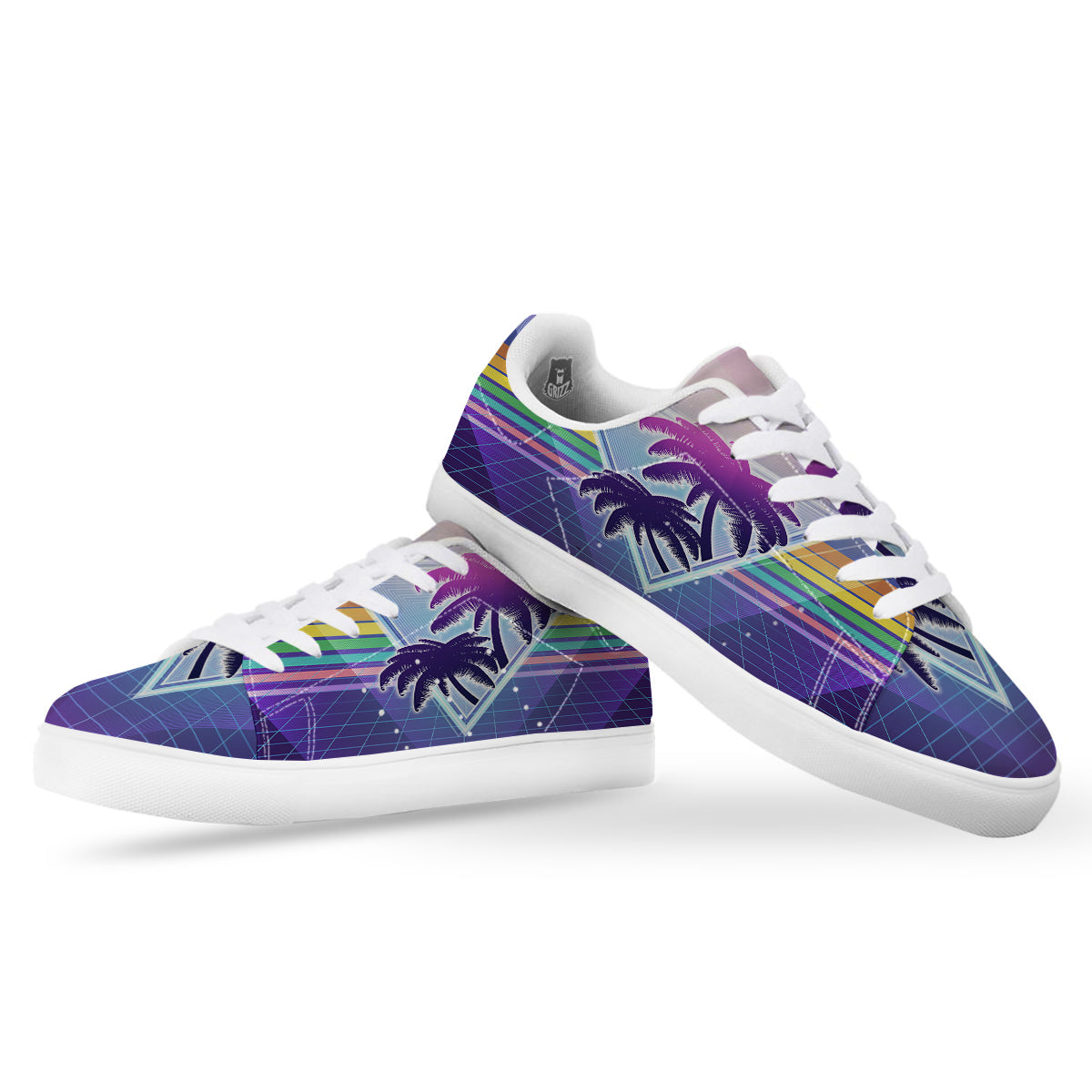 Retro Futuristic Palms Tree Print White Low Top Sneakers-grizzshop