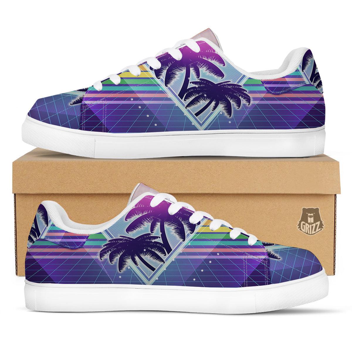 Retro Futuristic Palms Tree Print White Low Top Sneakers-grizzshop