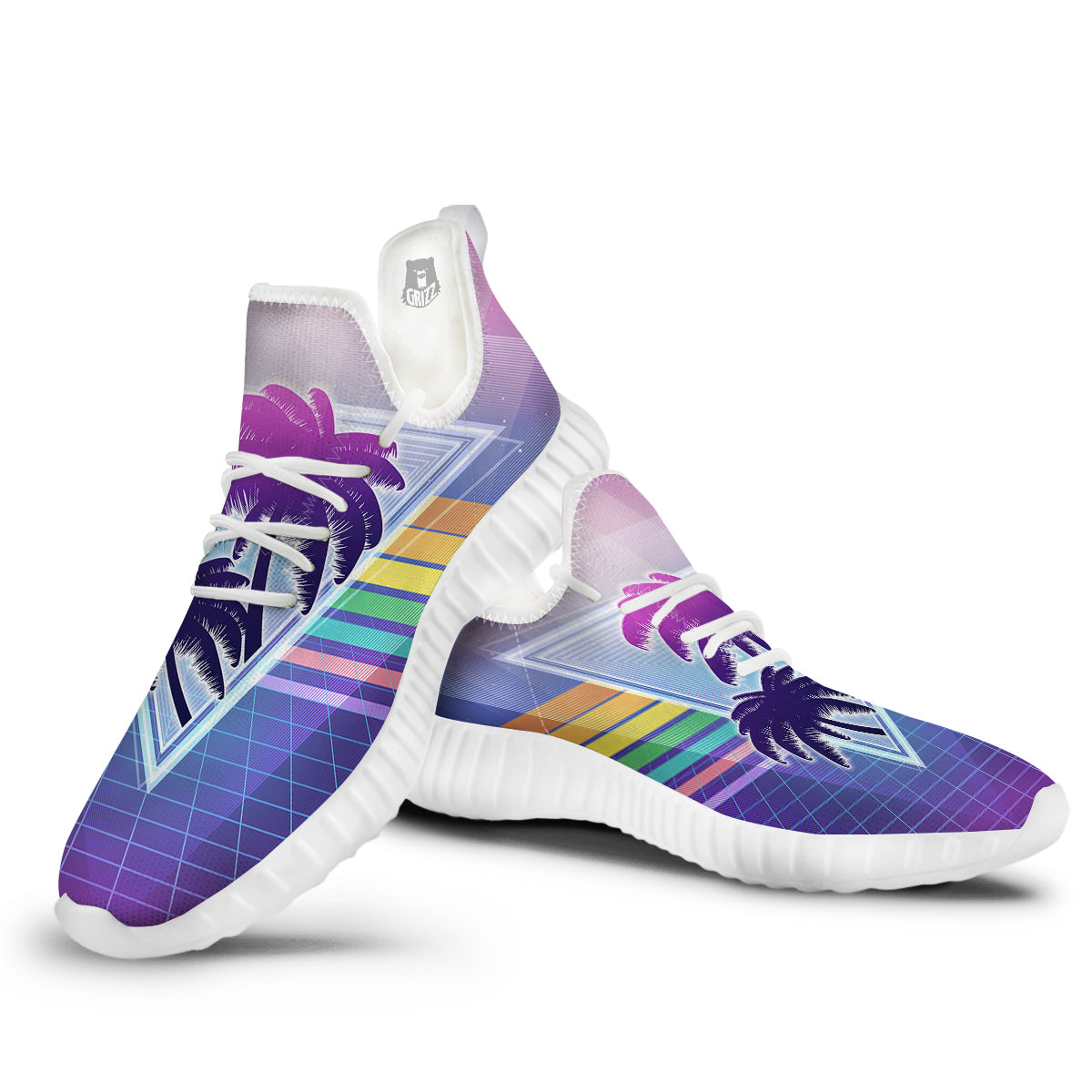Retro Futuristic Palms Tree Print White Walking Shoes-grizzshop