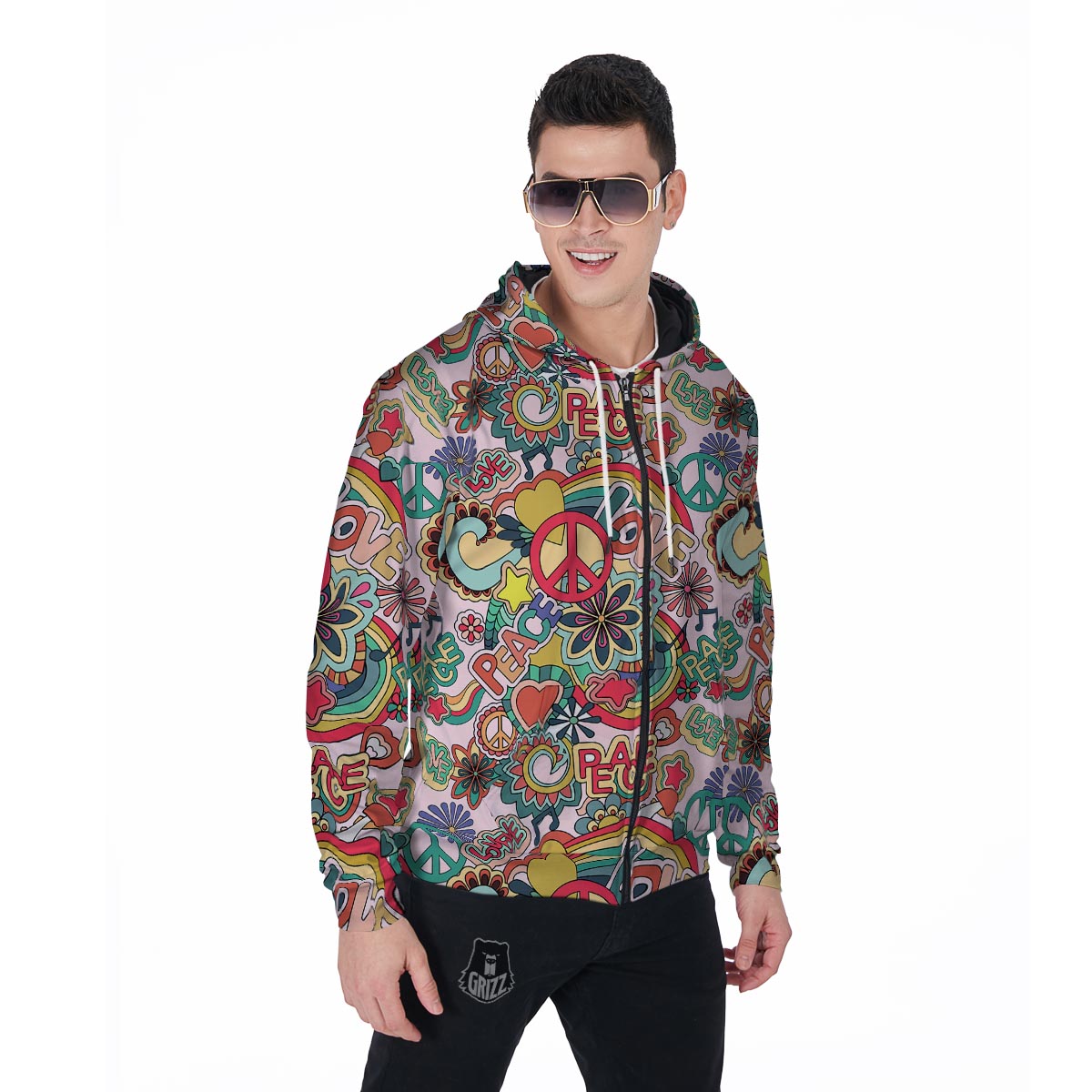 Retro Hippie Men's Zip Up Hoodie-grizzshop