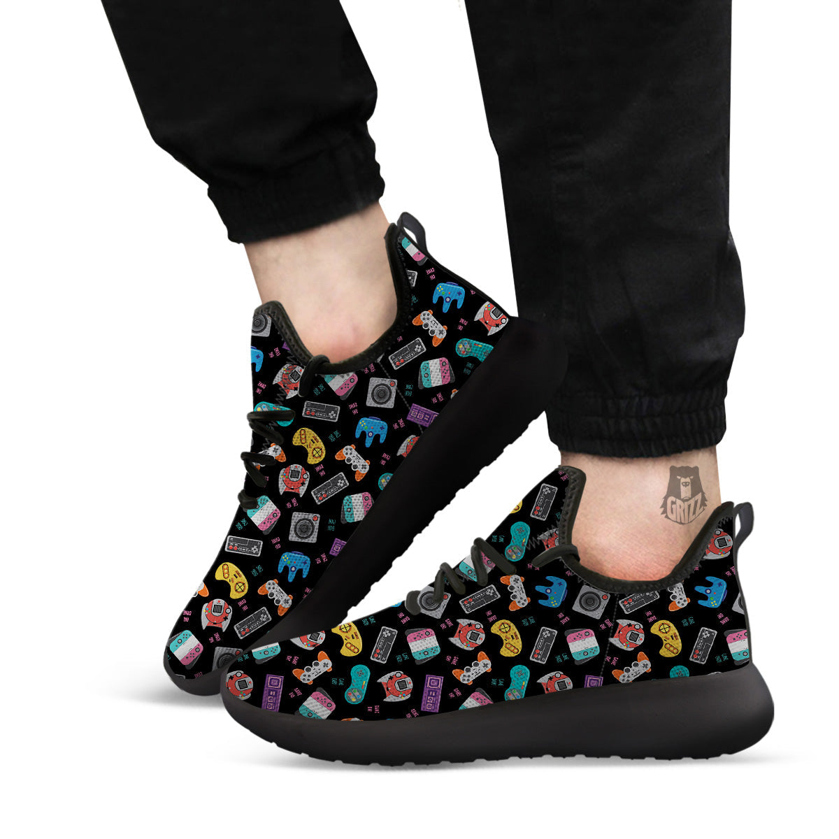 Retro Video Game Controller Print Pattern Black Athletic Shoes-grizzshop