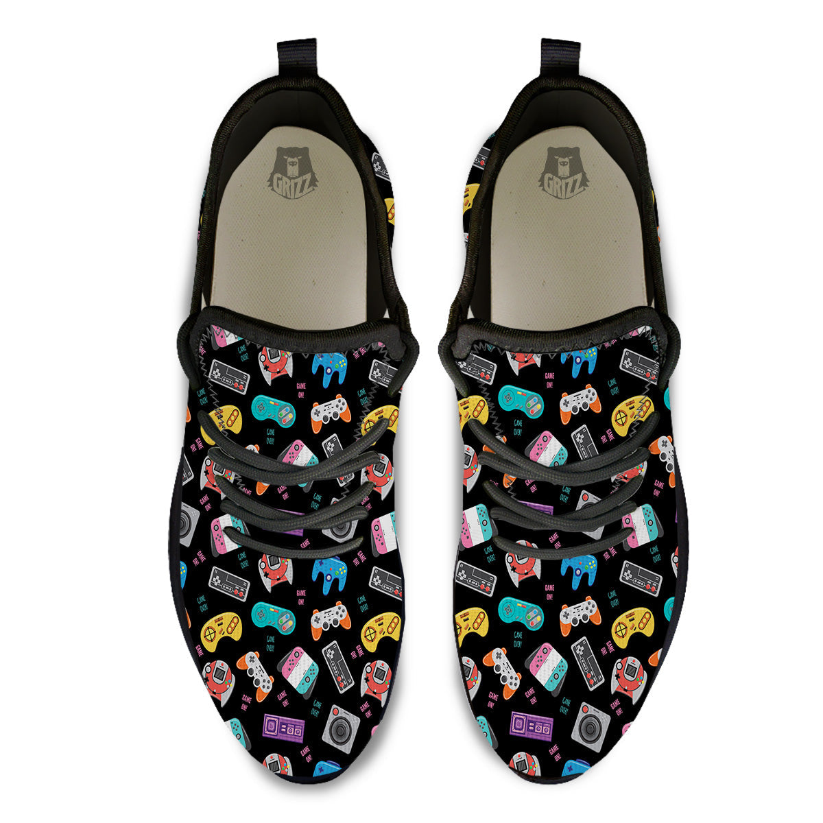 Retro Video Game Controller Print Pattern Black Athletic Shoes-grizzshop