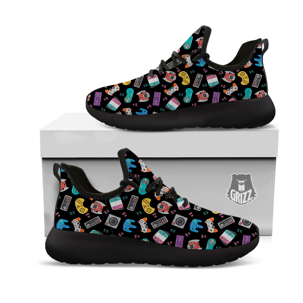 Retro Video Game Controller Print Pattern Black Athletic Shoes-grizzshop
