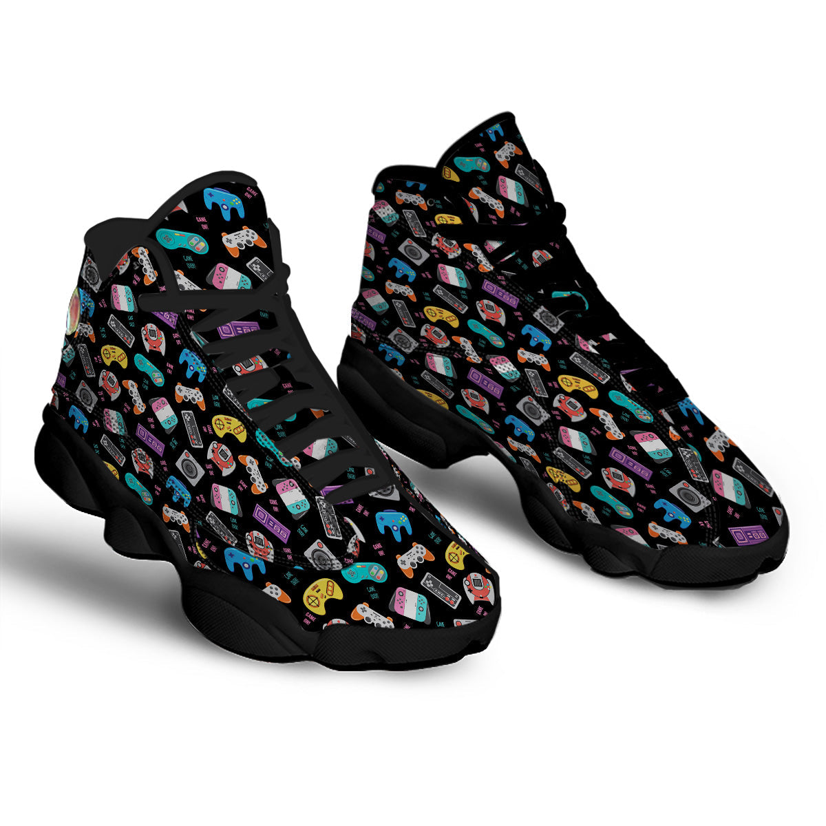 Retro Video Game Controller Print Pattern Black Basketball Shoes-grizzshop