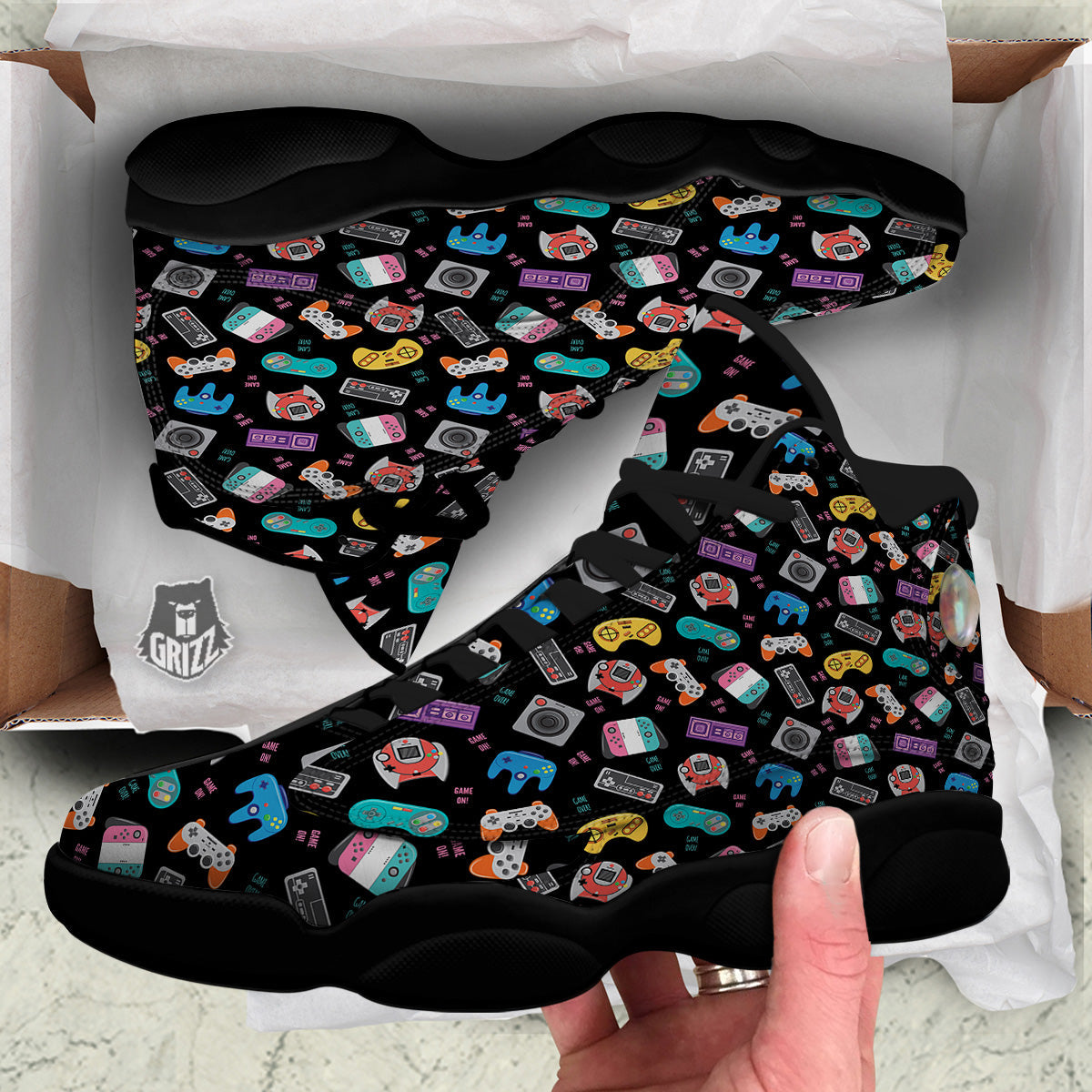 Retro Video Game Controller Print Pattern Black Basketball Shoes-grizzshop