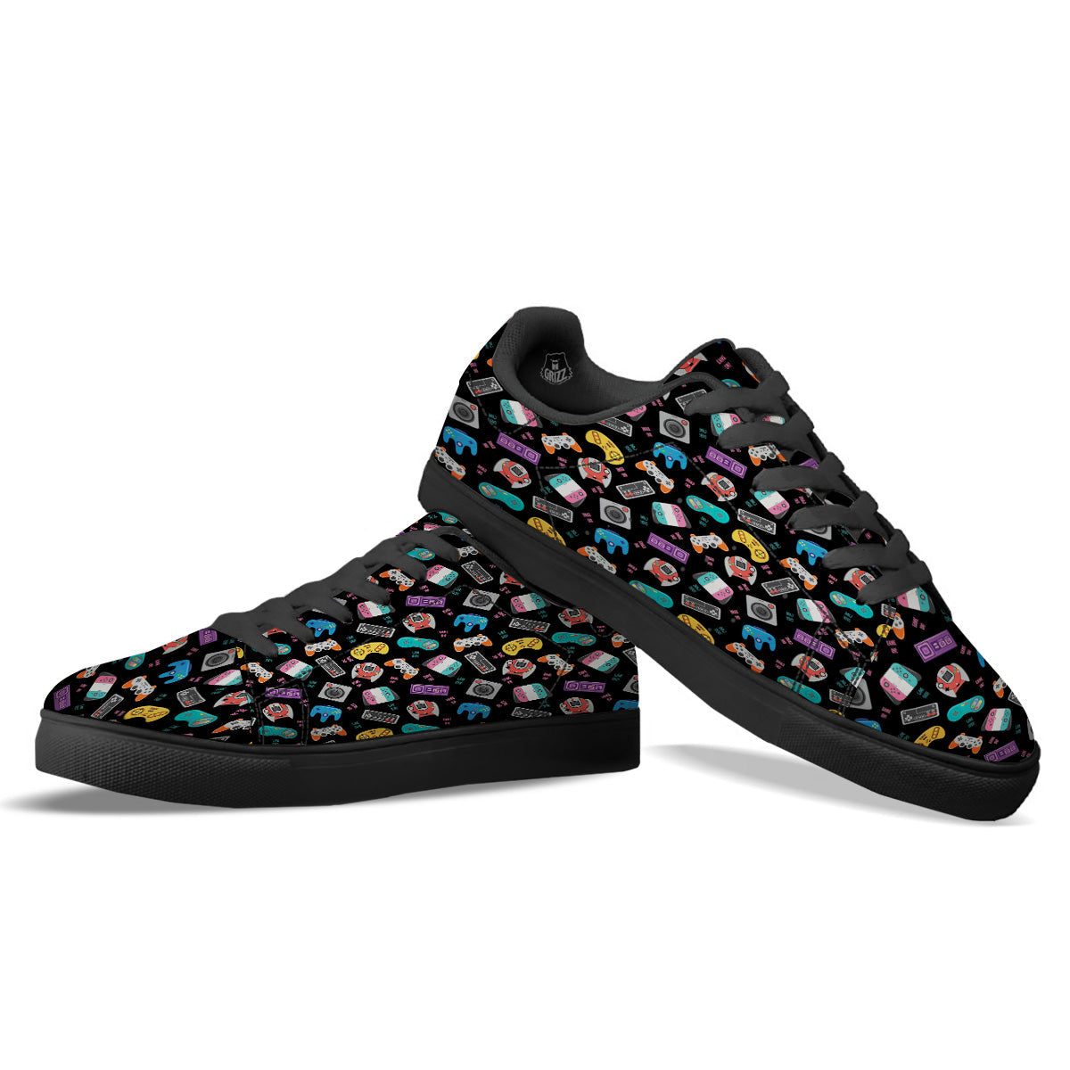 Retro Video Game Controller Print Pattern Black Low Top Sneakers-grizzshop