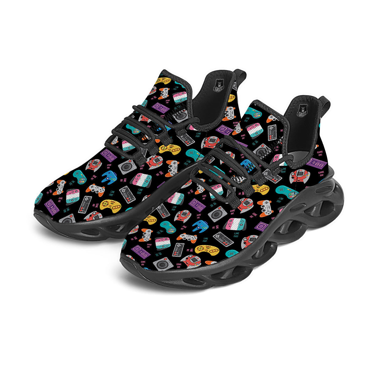 Retro Video Game Controller Print Pattern Black Running Shoes-grizzshop