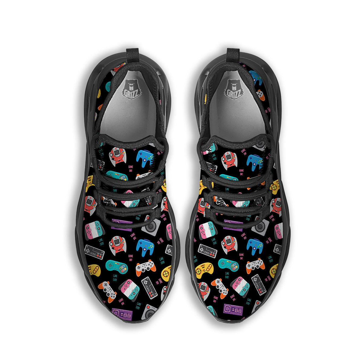 Retro Video Game Controller Print Pattern Black Running Shoes-grizzshop