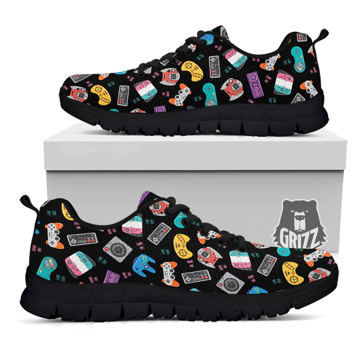 Retro Video Game Controller Print Pattern Black Sneaker-grizzshop