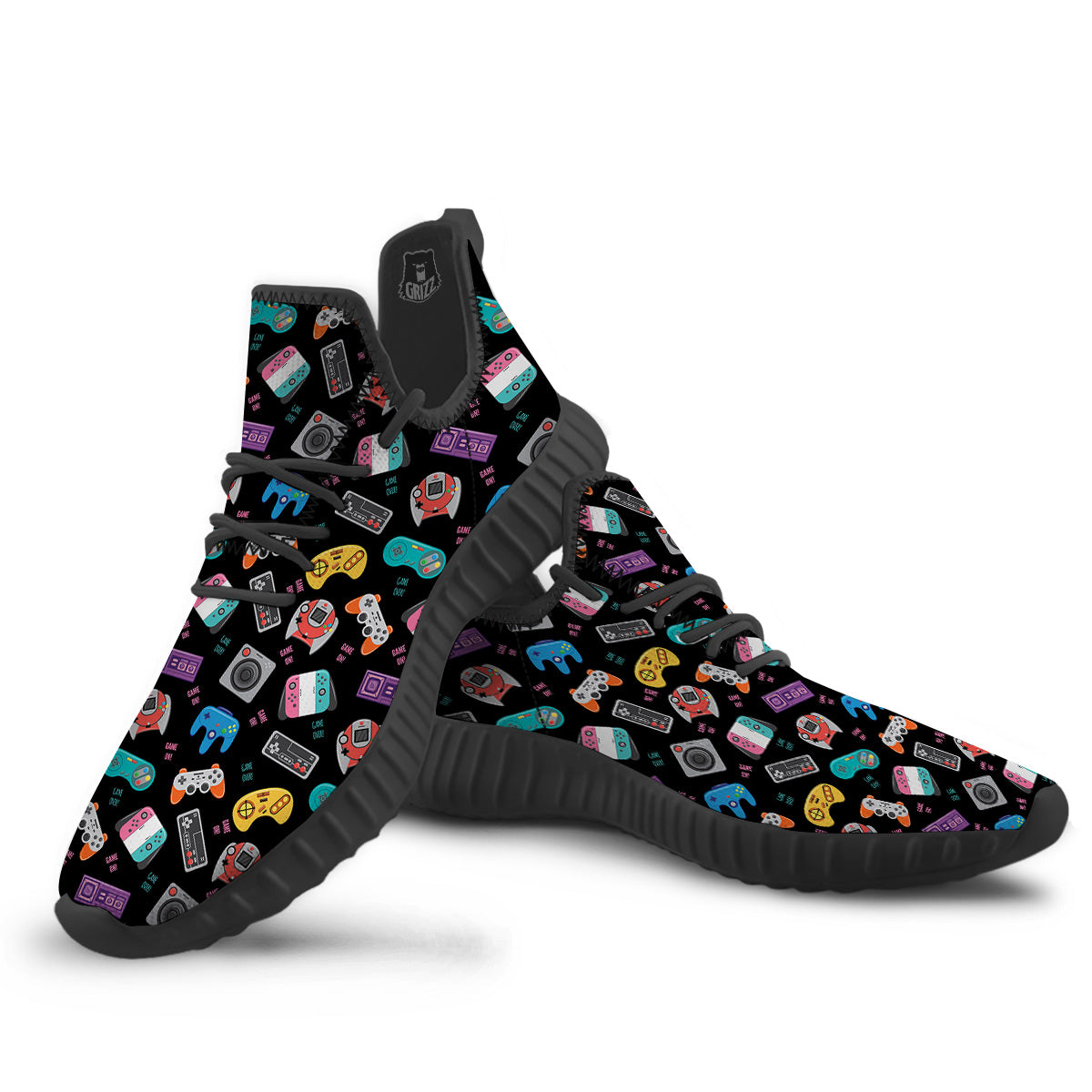 Retro Video Game Controller Print Pattern Black Walking Shoes-grizzshop