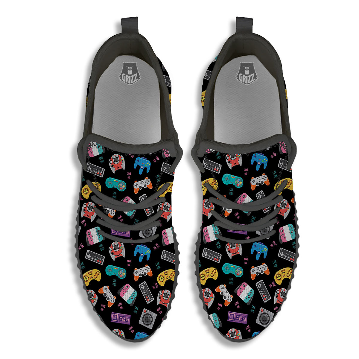 Retro Video Game Controller Print Pattern Black Walking Shoes-grizzshop