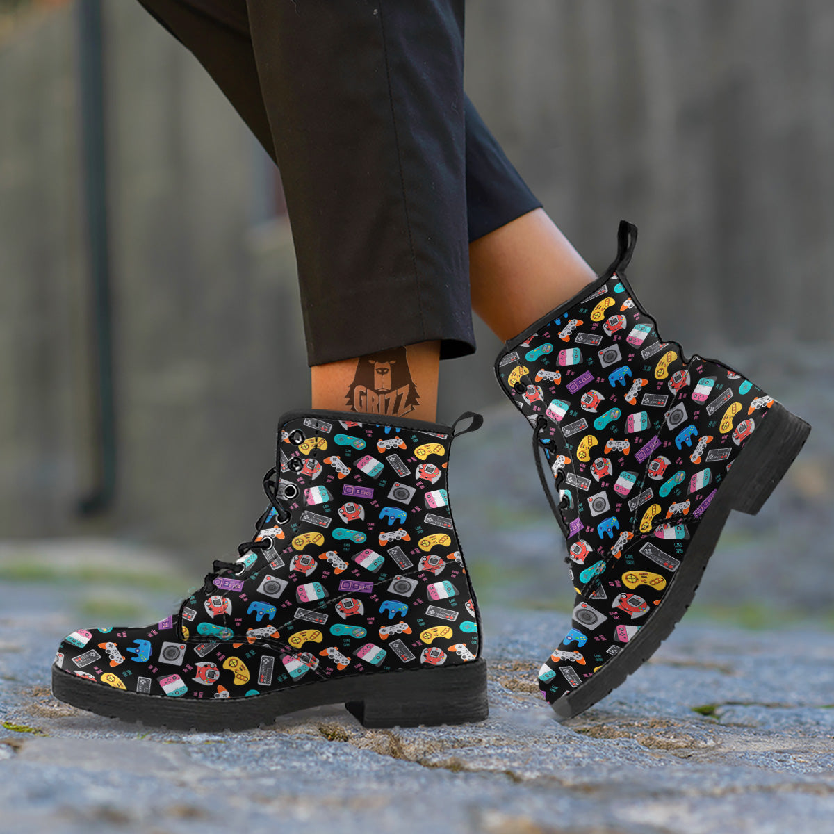 Retro Video Game Controller Print Pattern Leather Boots-grizzshop