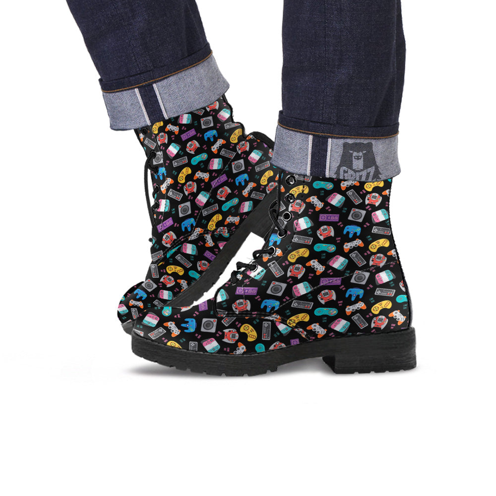 Retro Video Game Controller Print Pattern Leather Boots-grizzshop