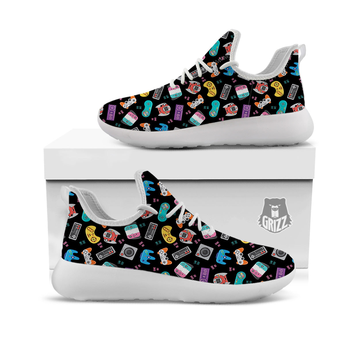 Retro Video Game Controller Print Pattern White Athletic Shoes-grizzshop