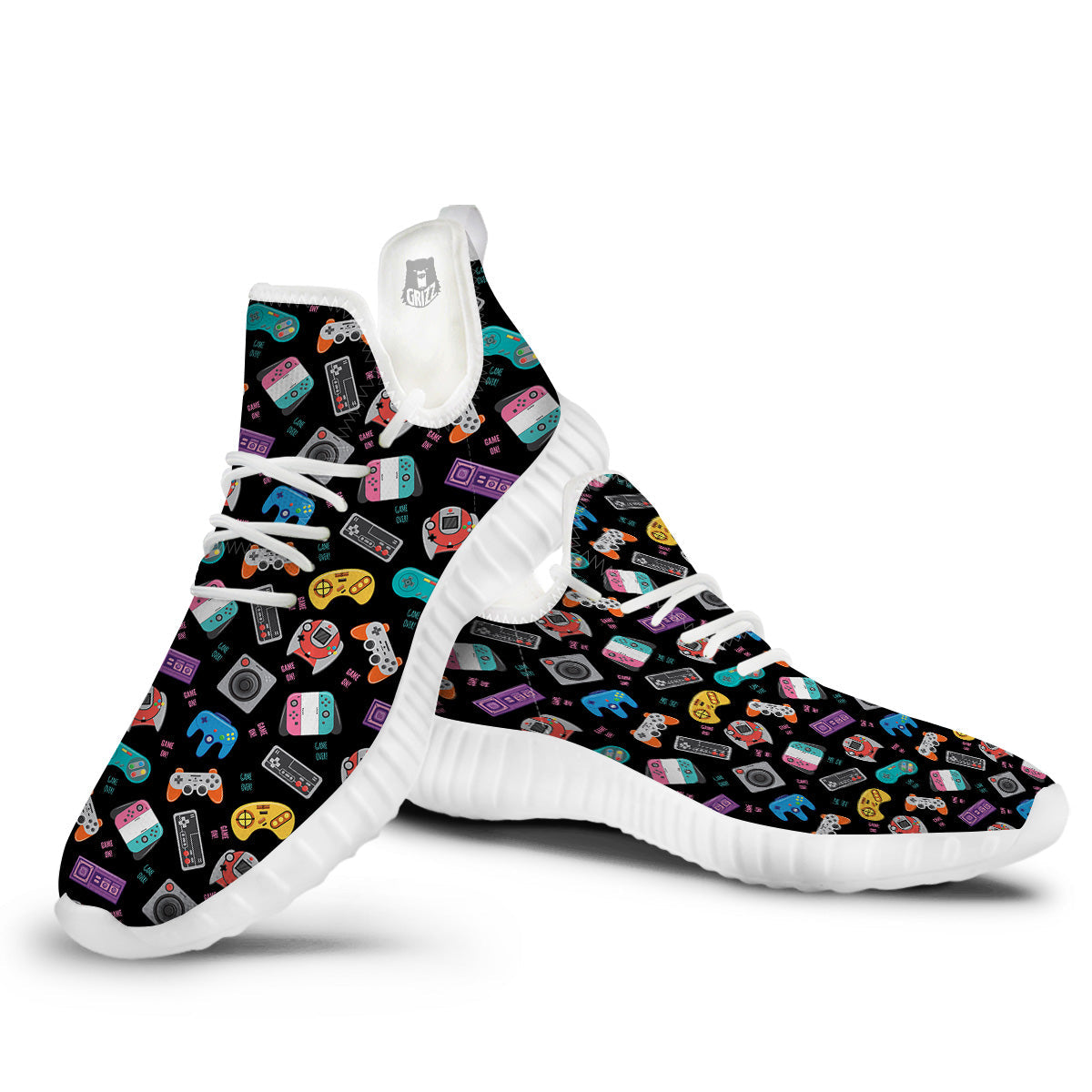 Retro Video Game Controller Print Pattern White Walking Shoes-grizzshop
