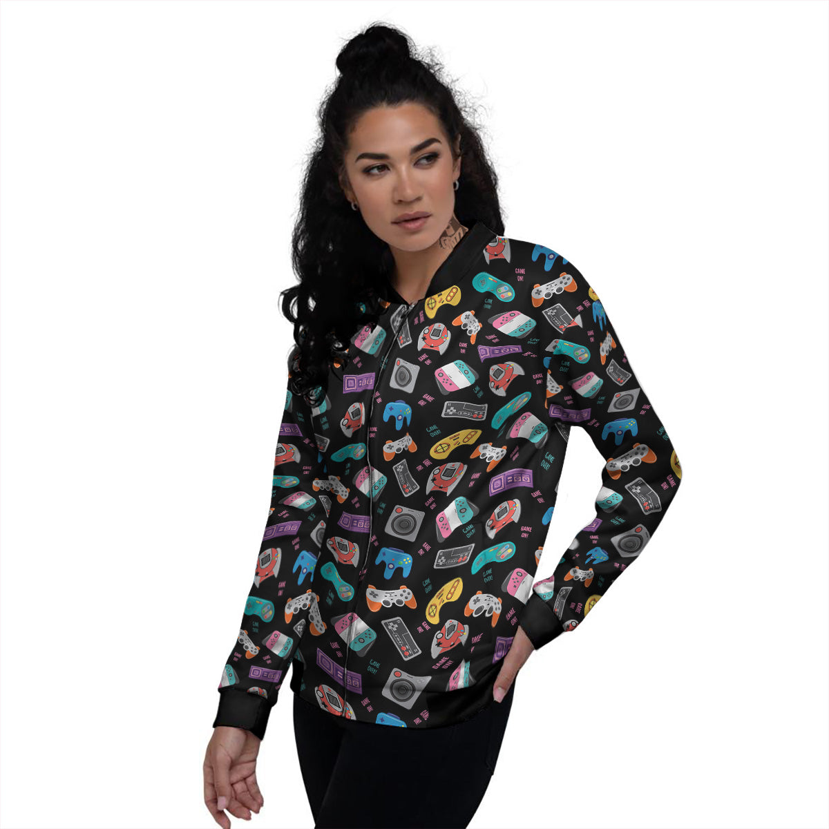 Retro Video Game Controller Print Pattern Women's Bomber Jacket-grizzshop