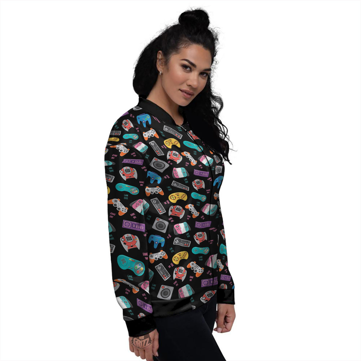 Retro Video Game Controller Print Pattern Women's Bomber Jacket-grizzshop