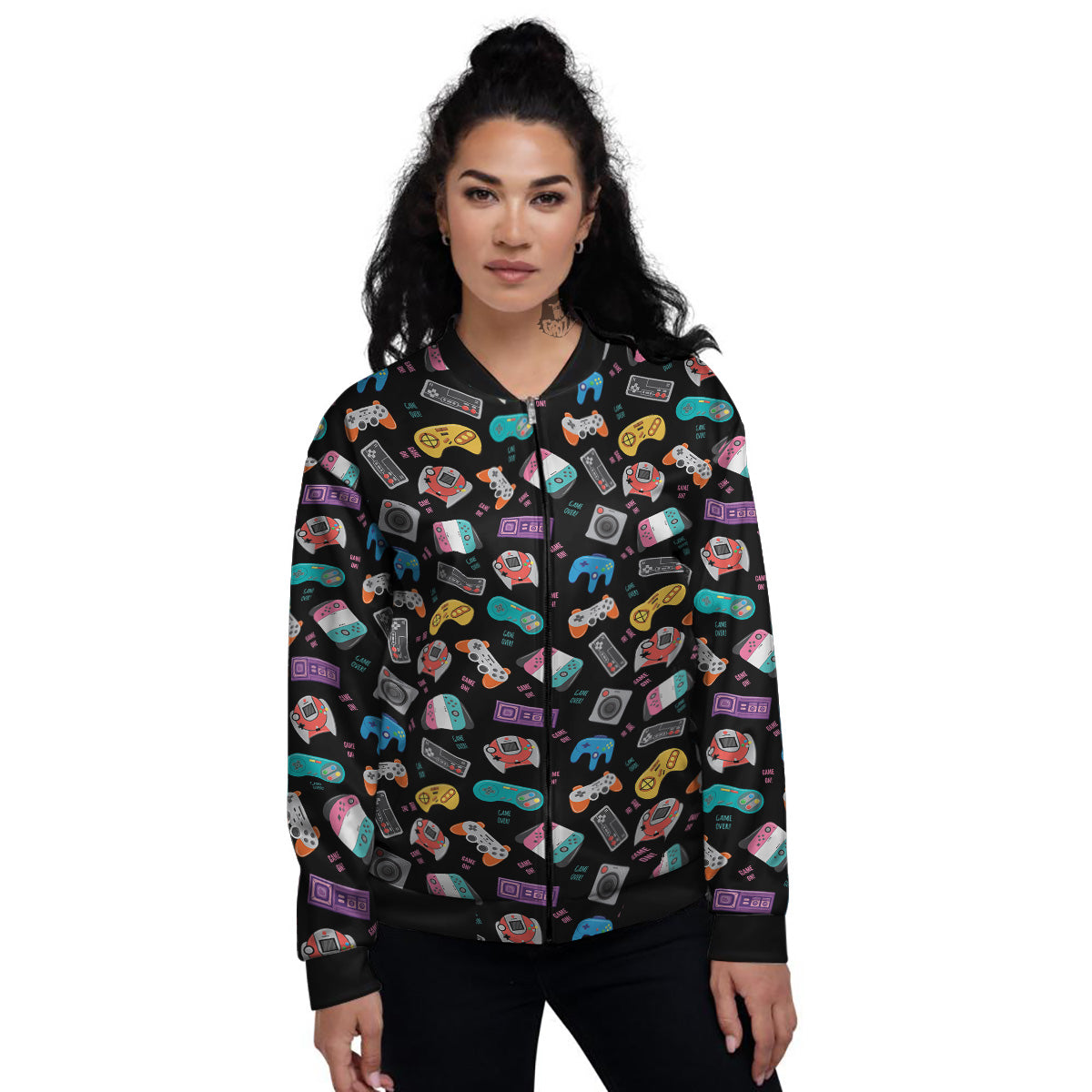 Retro Video Game Controller Print Pattern Women's Bomber Jacket-grizzshop