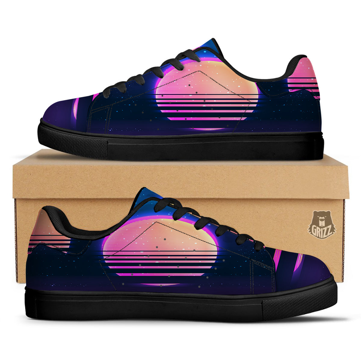 Retro Vintage Sun Print Black Low Top Sneakers-grizzshop