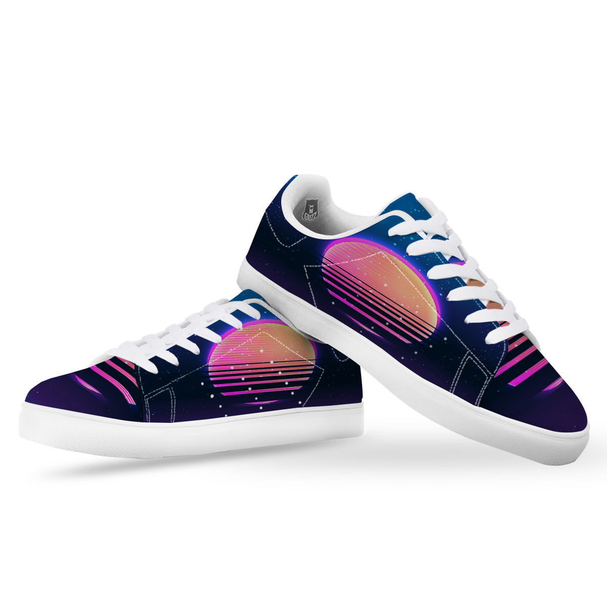 Retro Vintage Sun Print White Low Top Sneakers-grizzshop