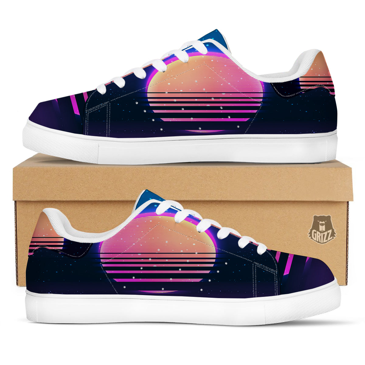 Retro Vintage Sun Print White Low Top Sneakers-grizzshop