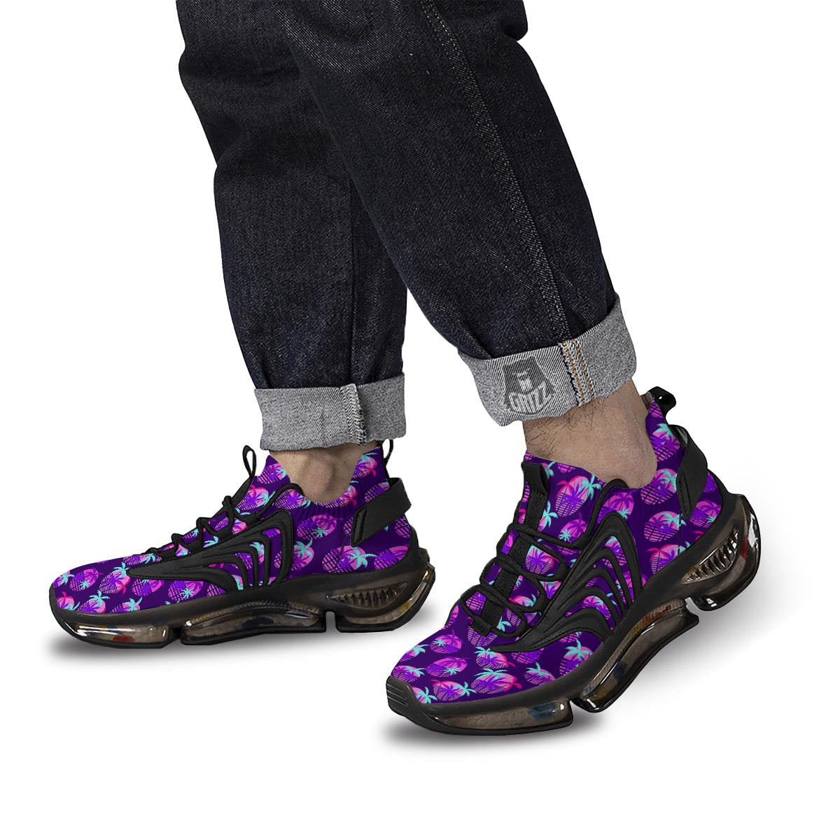 Retrowave Sunset Palm Tree Print Pattern Black Gym Shoes-grizzshop