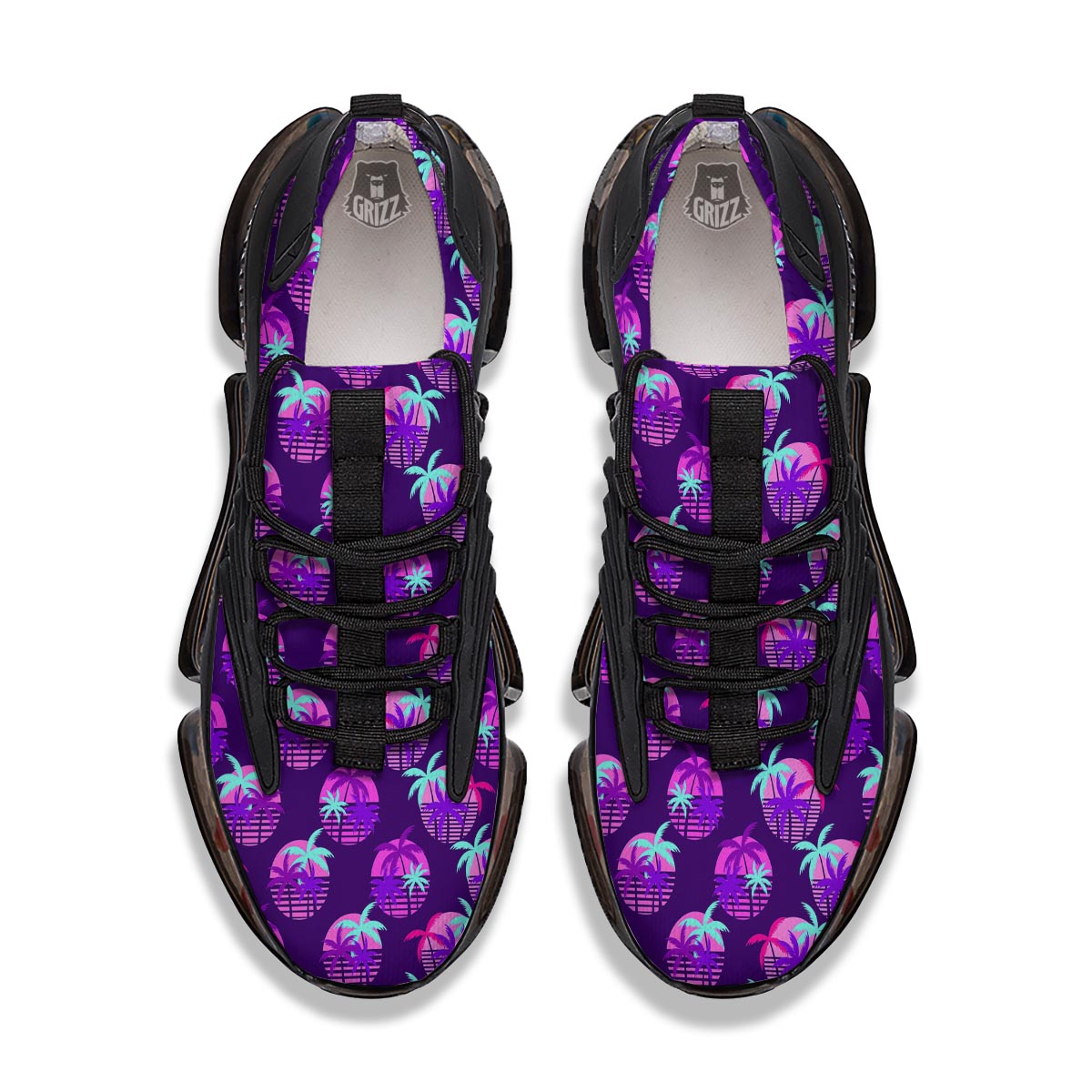 Retrowave Sunset Palm Tree Print Pattern Black Gym Shoes-grizzshop