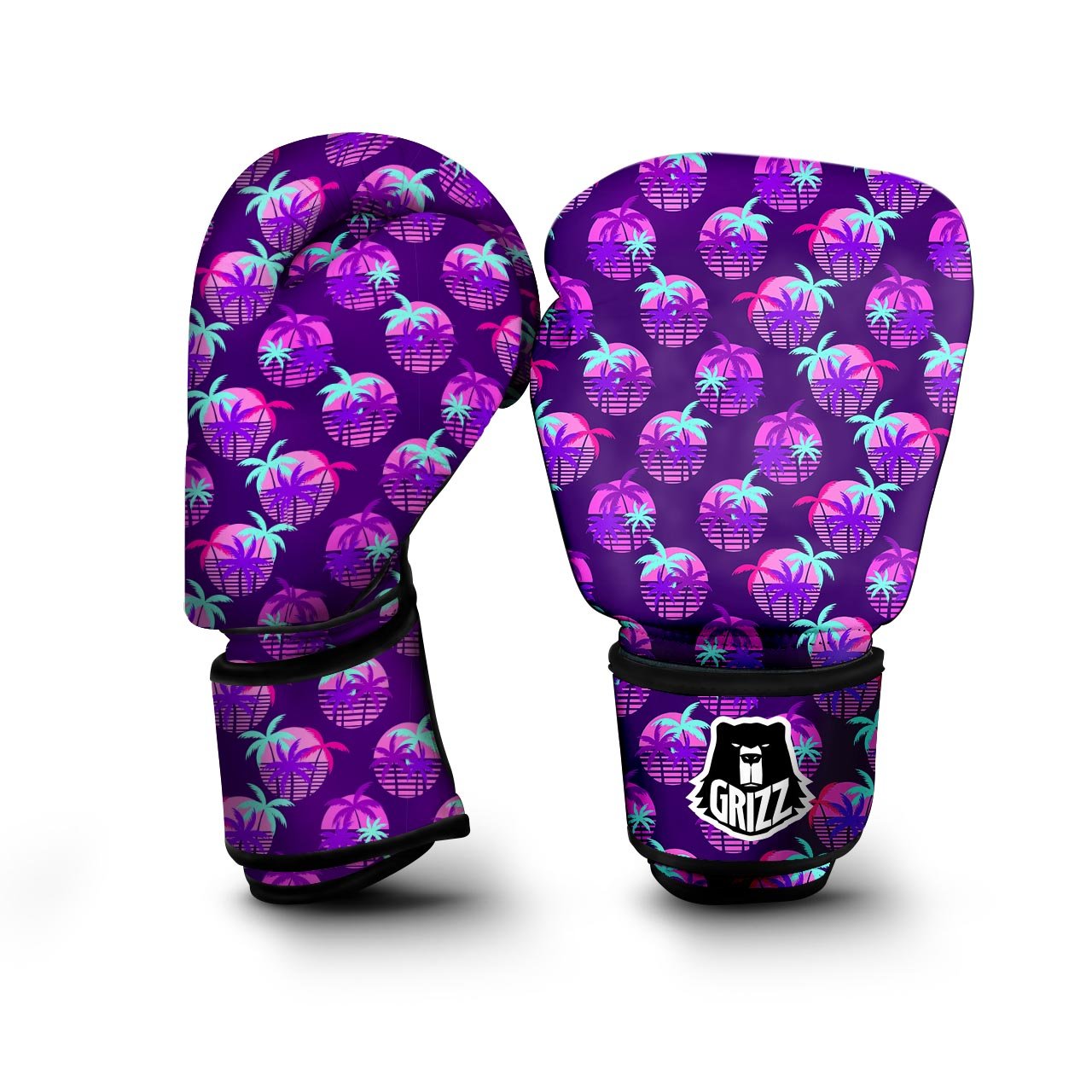 Retrowave Sunset Palm Tree Print Pattern Boxing Gloves-grizzshop