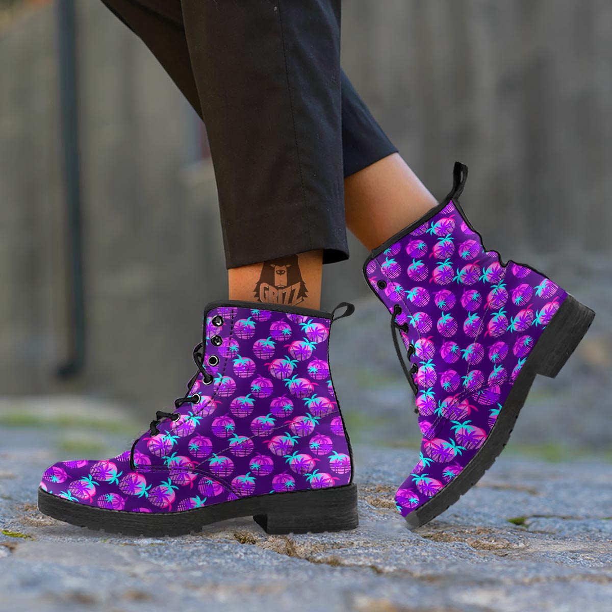 Retrowave Sunset Palm Tree Print Pattern Leather Boots-grizzshop