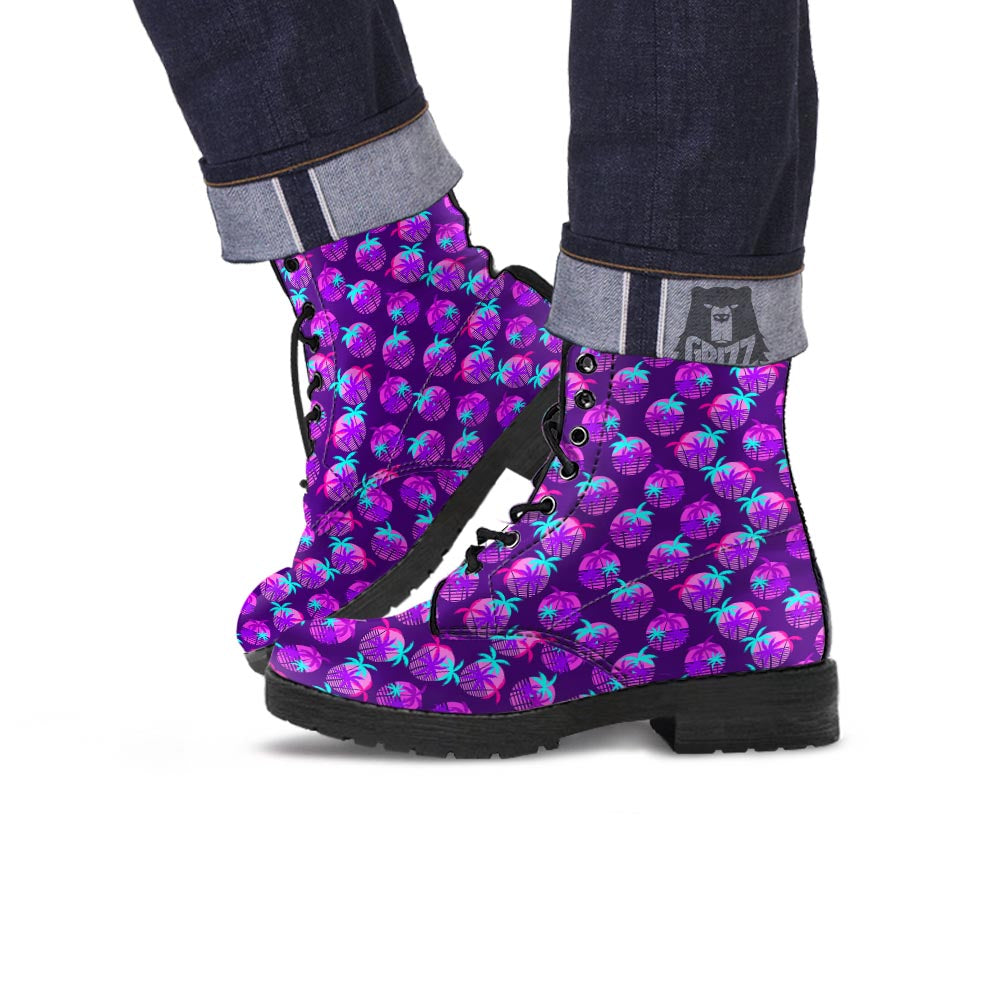 Retrowave Sunset Palm Tree Print Pattern Leather Boots-grizzshop