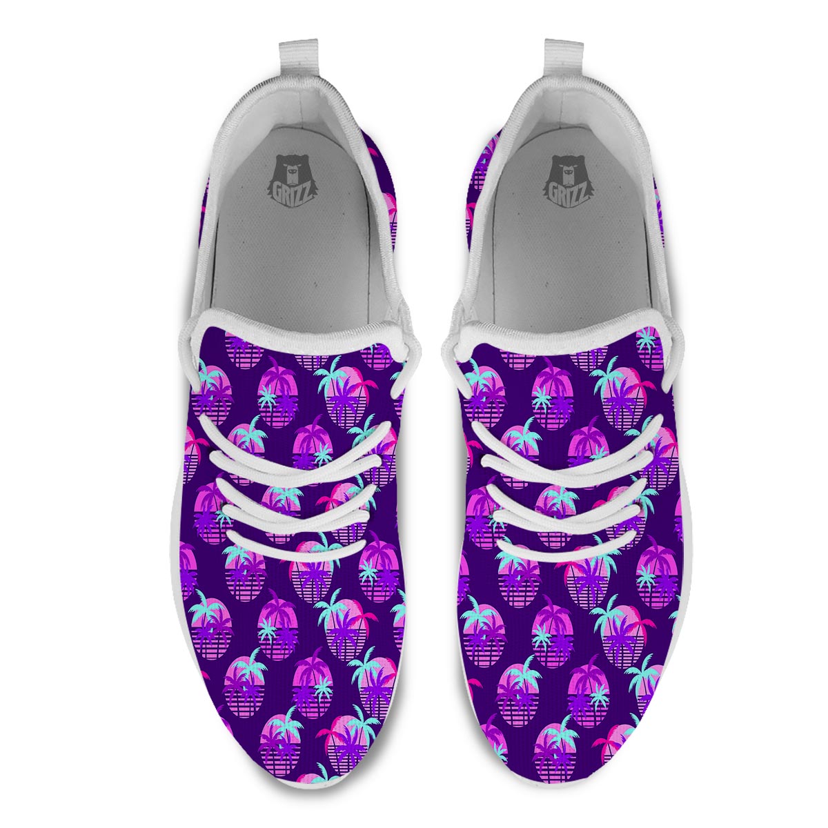 Retrowave Sunset Palm Tree Print Pattern White Athletic Shoes-grizzshop