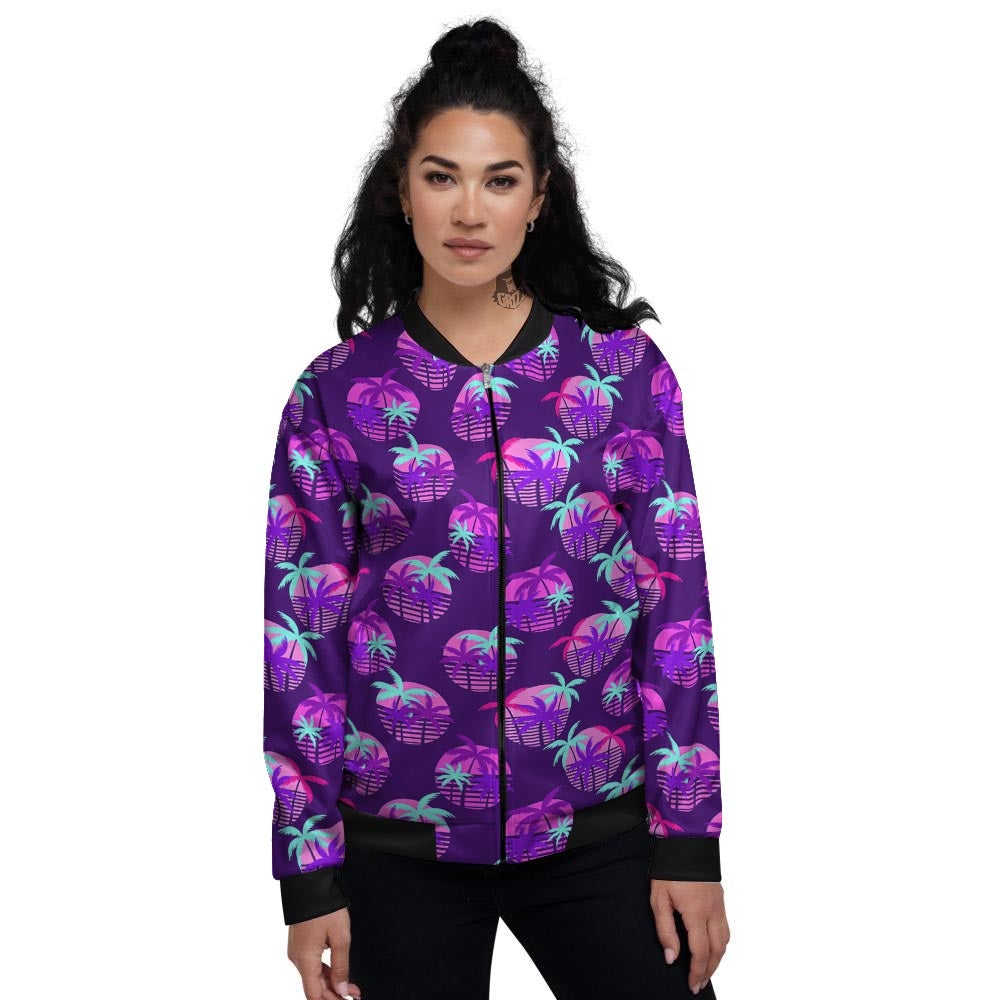 Retrowave Sunset Palm Tree Print Pattern Women's Bomber Jacket-grizzshop