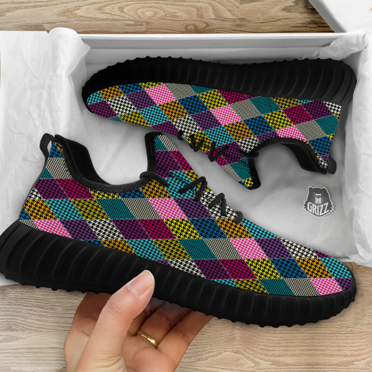 Rhombuses Houndstooth Colorful Print Pattern Black Walking Shoes-grizzshop